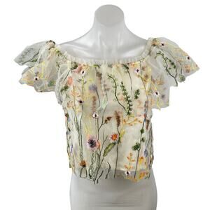 Lucy Paris White Floral Mesh Embroidered Flutter Sleeve Ruffle Blouse Top Size S